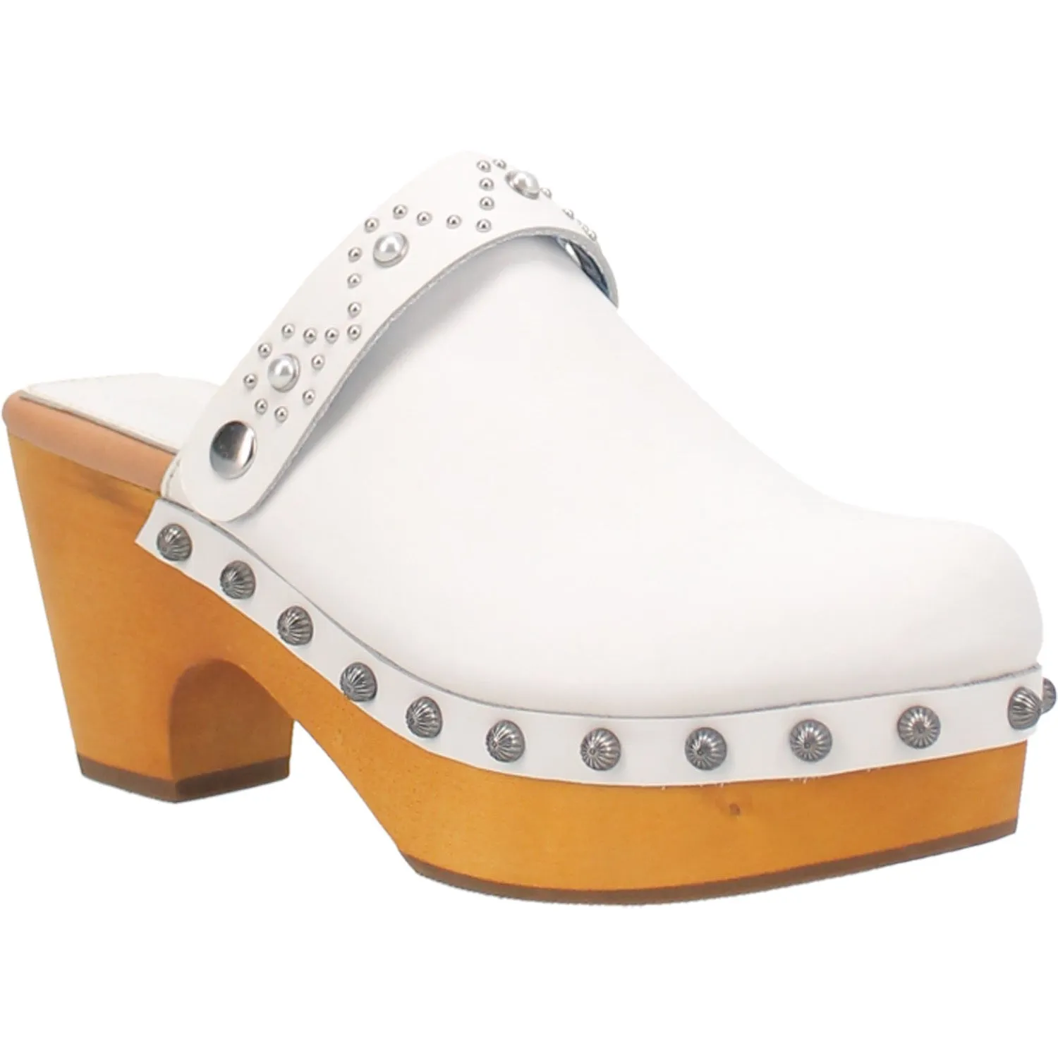 Dingo Womens Deadwood White Leather Studs Clogs Shoes