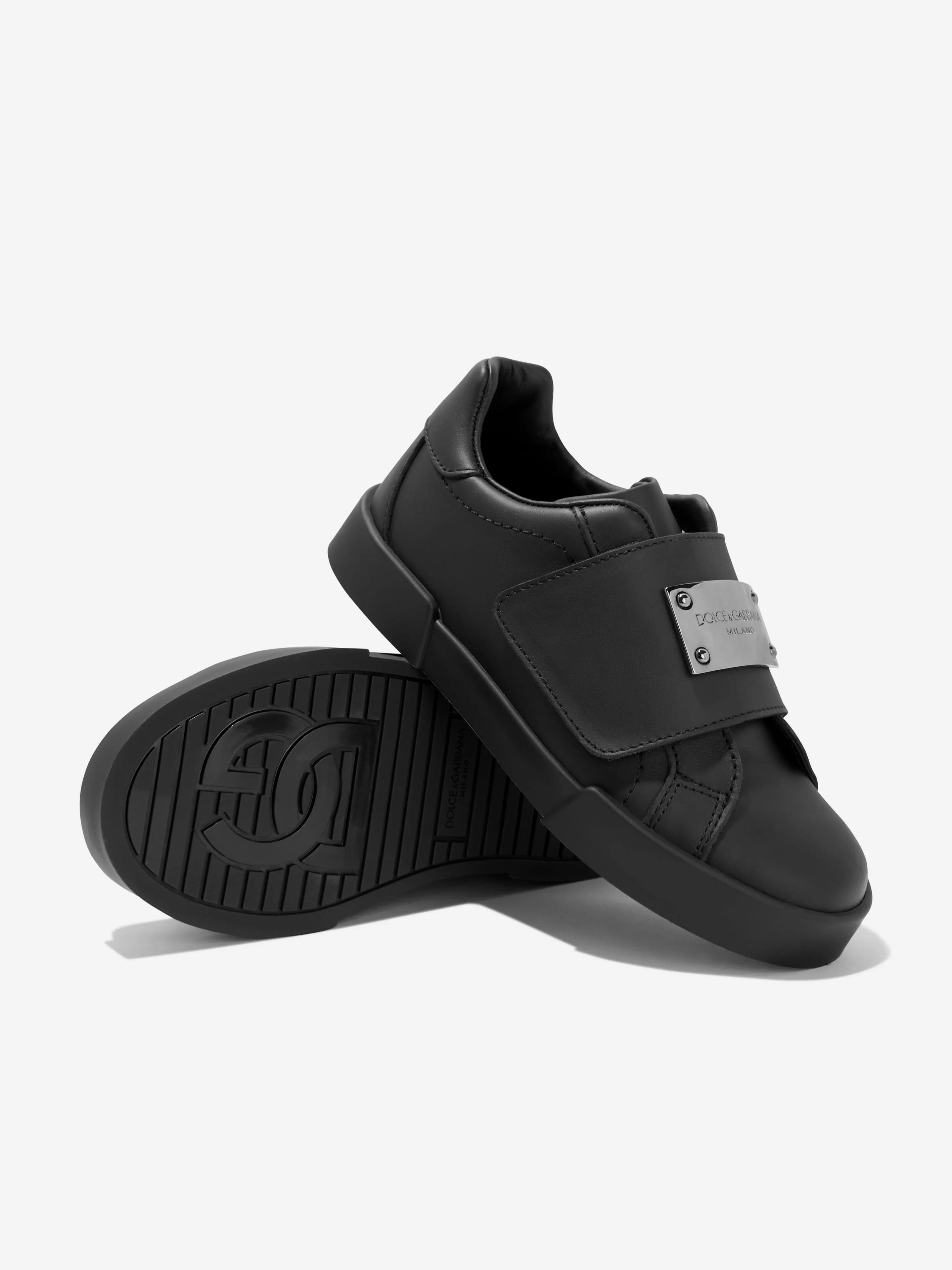 Dolce & Gabbana Boys Leather Velcro Strap Trainers in Black