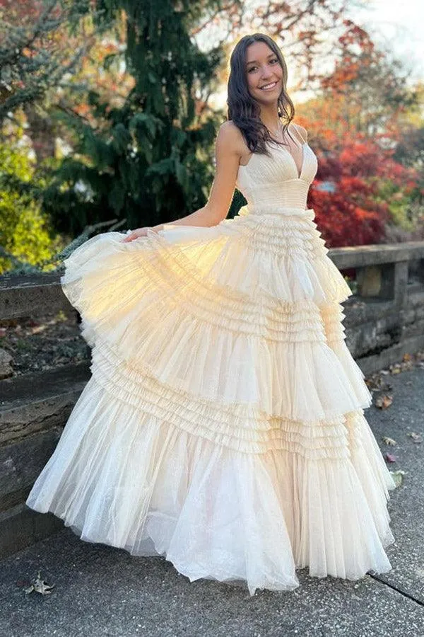 Elegant Tulle Ball Gown V Neck Side Split Layered Long Prom Dress PSK392