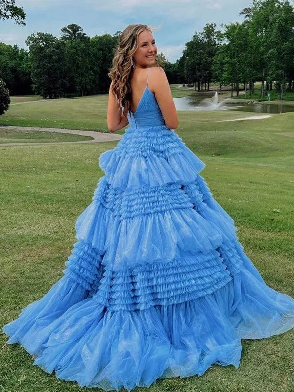 Elegant Tulle Ball Gown V Neck Side Split Layered Long Prom Dress PSK392