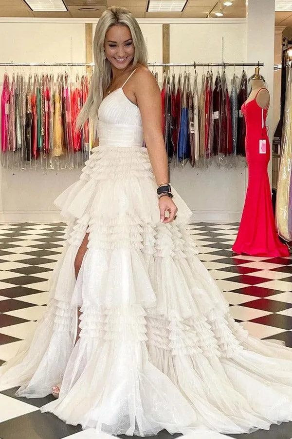 Elegant Tulle Ball Gown V Neck Side Split Layered Long Prom Dress PSK392