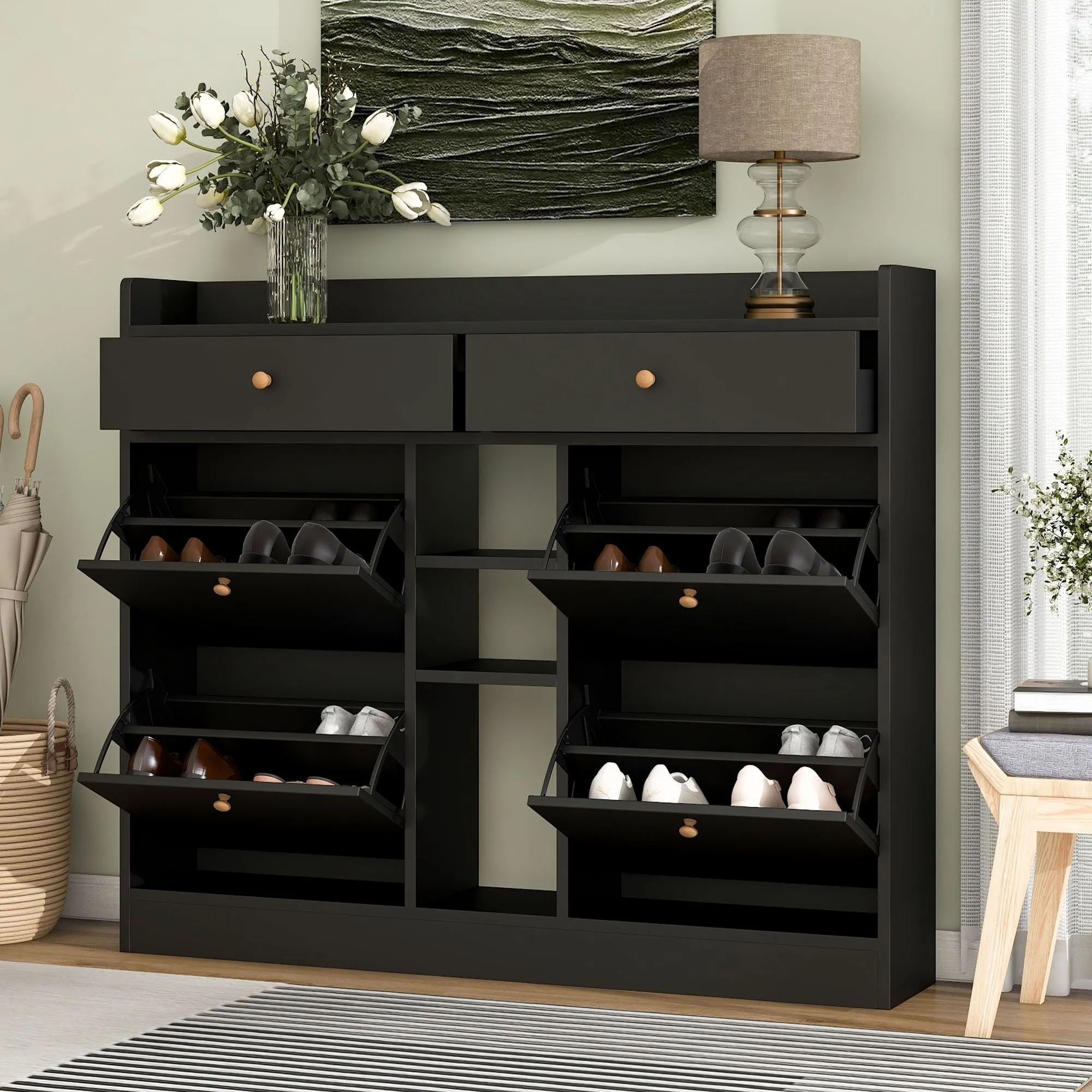 essential Shoe Cabinet with 4 Flip Drawers and 2 Storage Drawers- Black