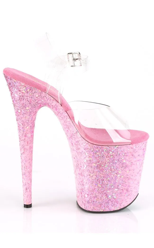 FLAMINGO-808CF Clear & Pink Glitter Heels