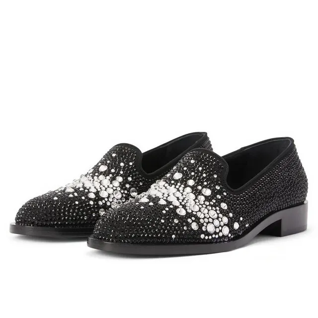 Full Rhinestone Black Genuine Leather Loafers