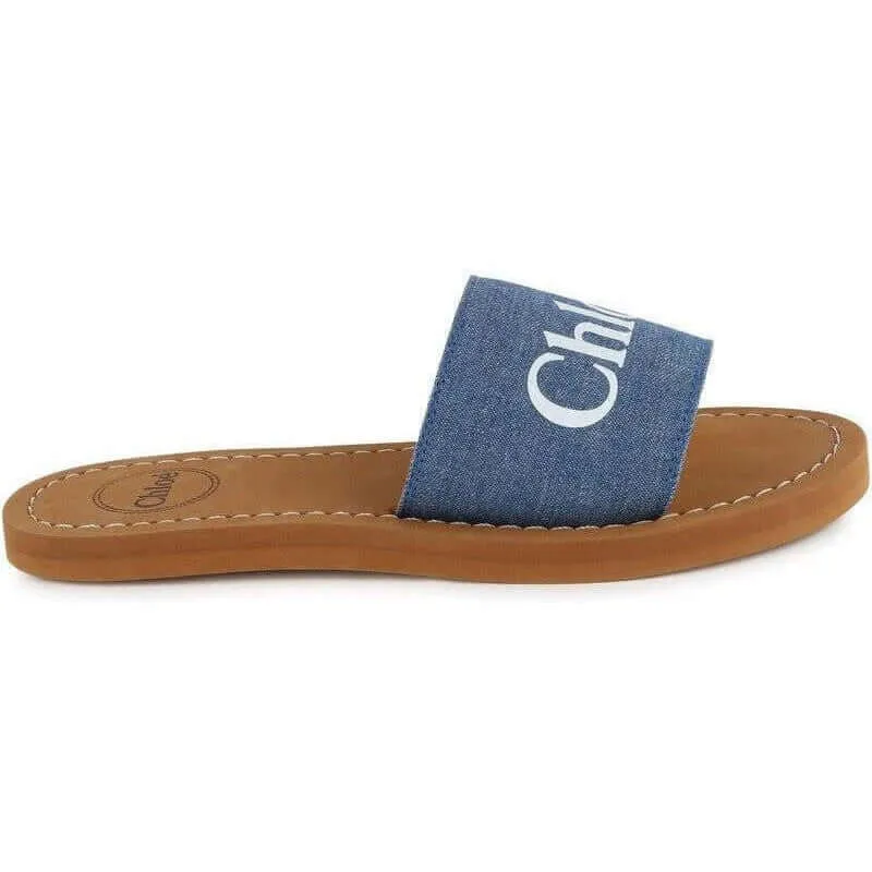 Girls Blue Denim Logo Slides