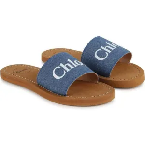 Girls Blue Denim Logo Slides