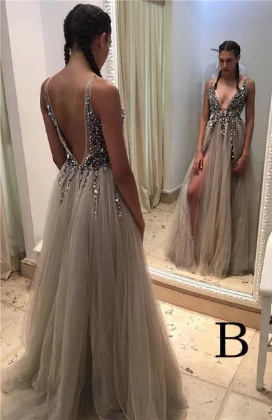 Gray Deep V-neck Side Slit Prom Dresses,Tulle Sleeveless Formal Dress With Sequins and Beads