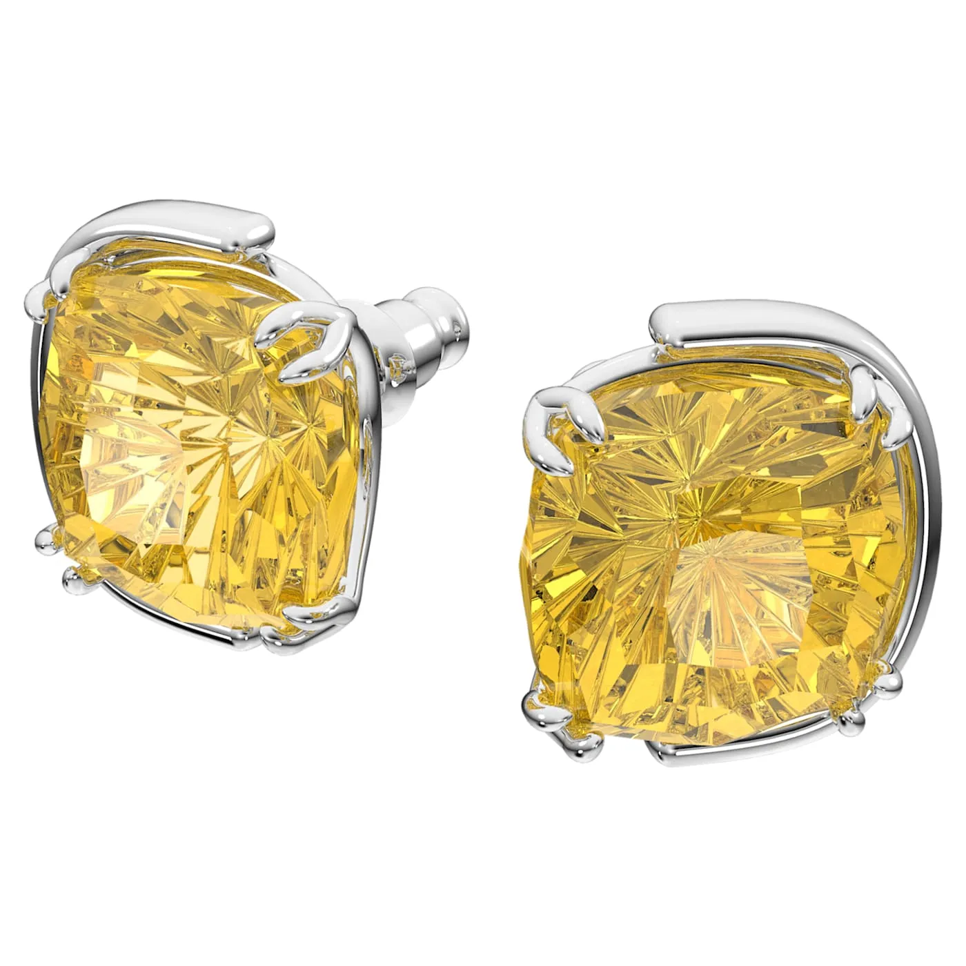 HARMONIA STUD EARRINGS, CUSHION CUT CRYSTALS, YELLOW, RHODIUM PLATED