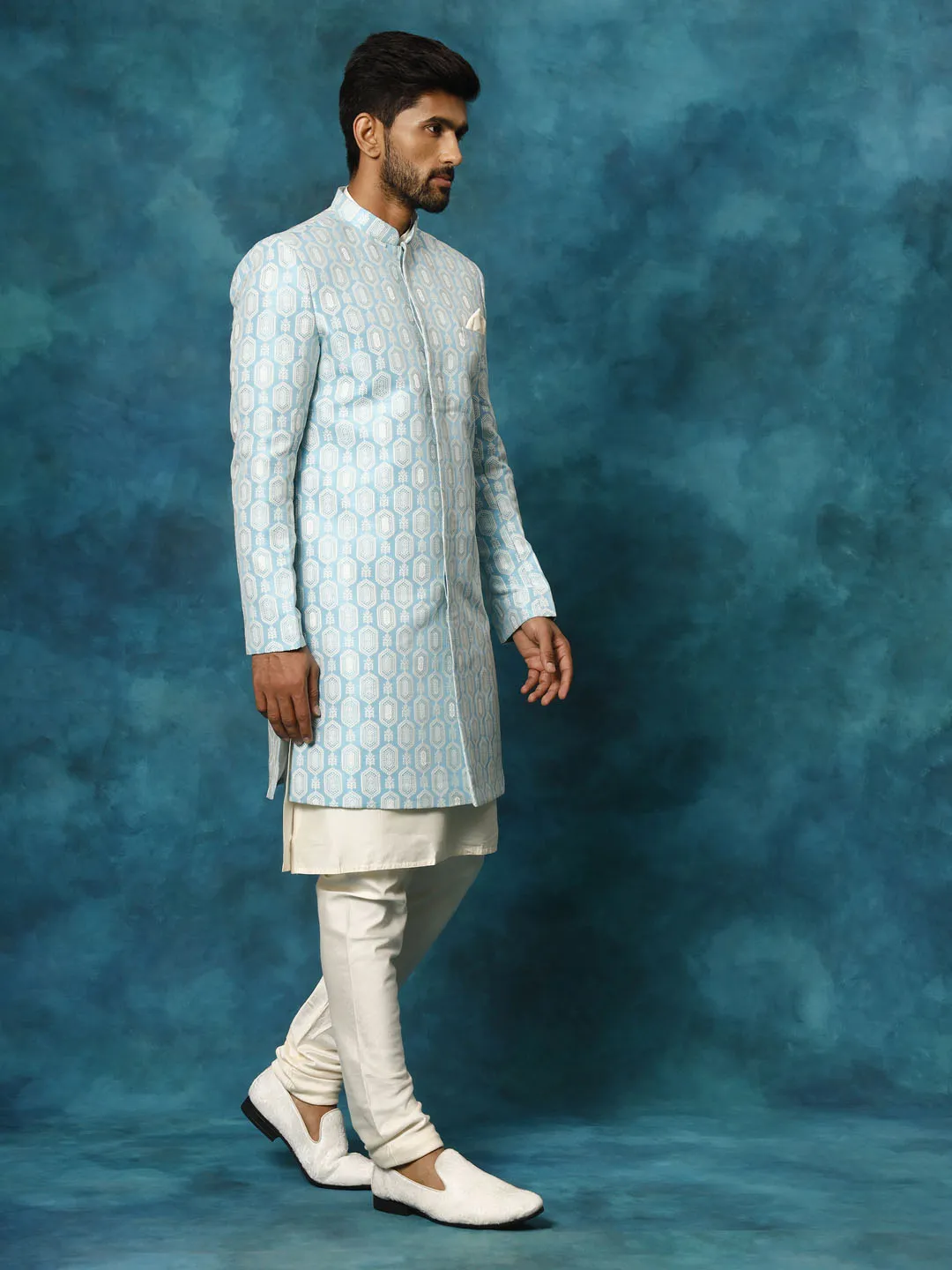 Jashvi Men's Blue Imported Jacquard Indo With Kurta Pyjama Set