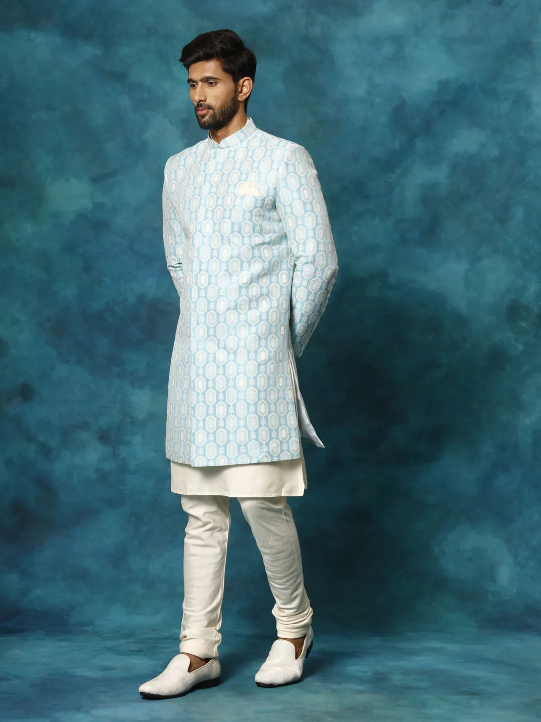 Jashvi Men's Blue Imported Jacquard Indo With Kurta Pyjama Set