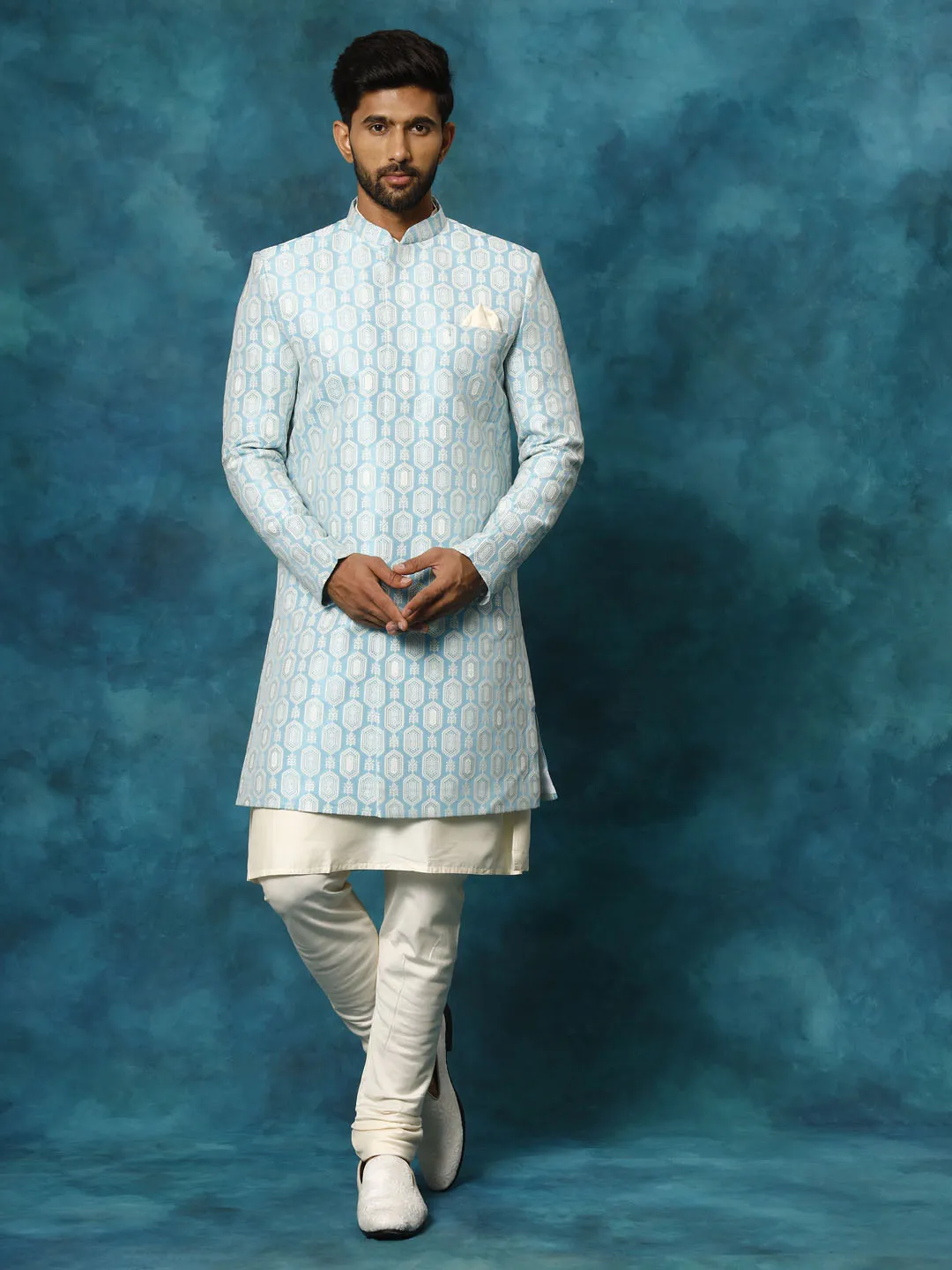 Jashvi Men's Blue Imported Jacquard Indo With Kurta Pyjama Set