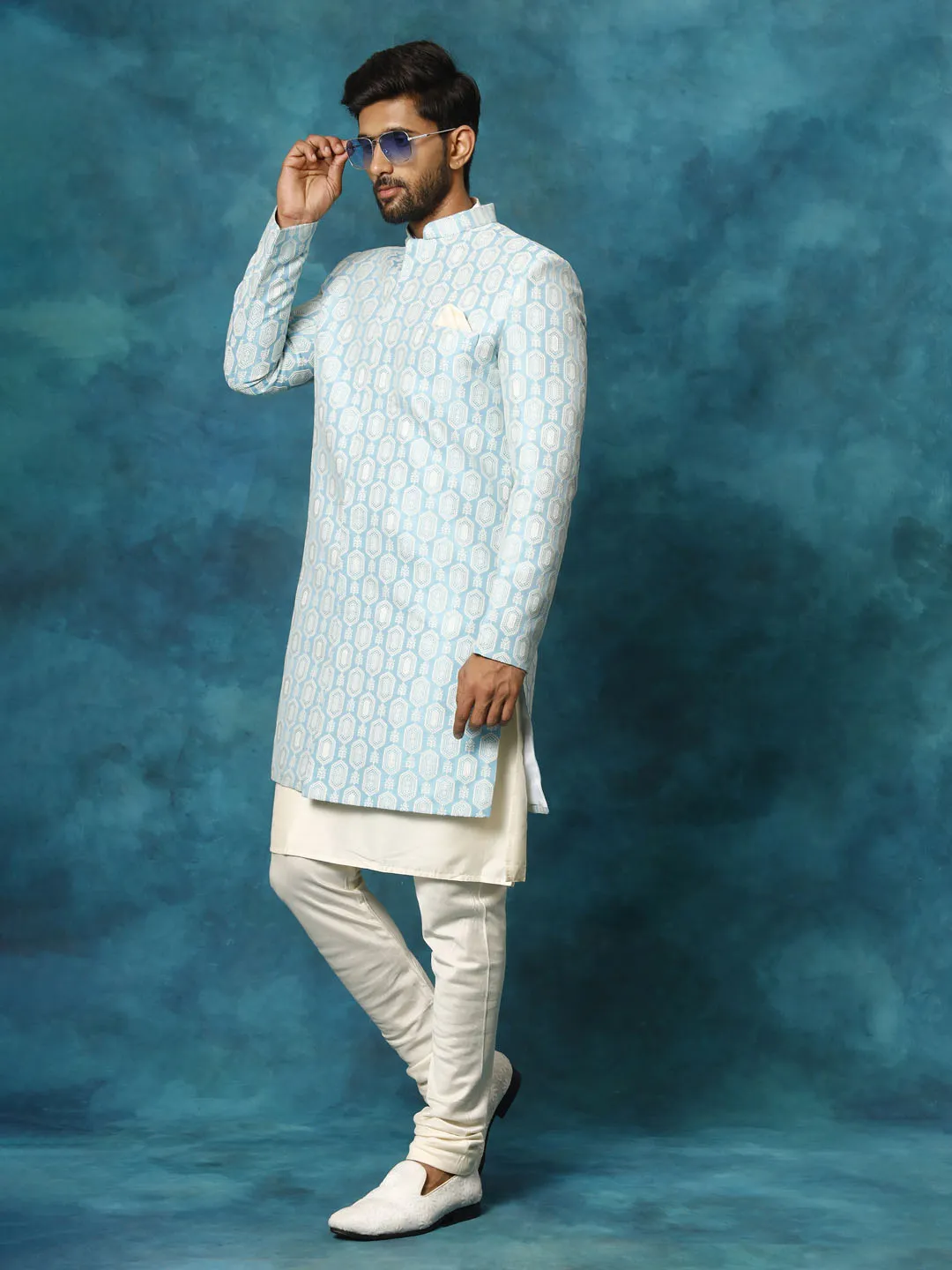 Jashvi Men's Blue Imported Jacquard Indo With Kurta Pyjama Set