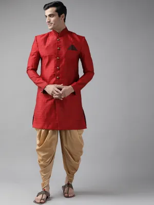 Jashvi Men's Maroon And Rose Gold Silk Blend Sherwani Set