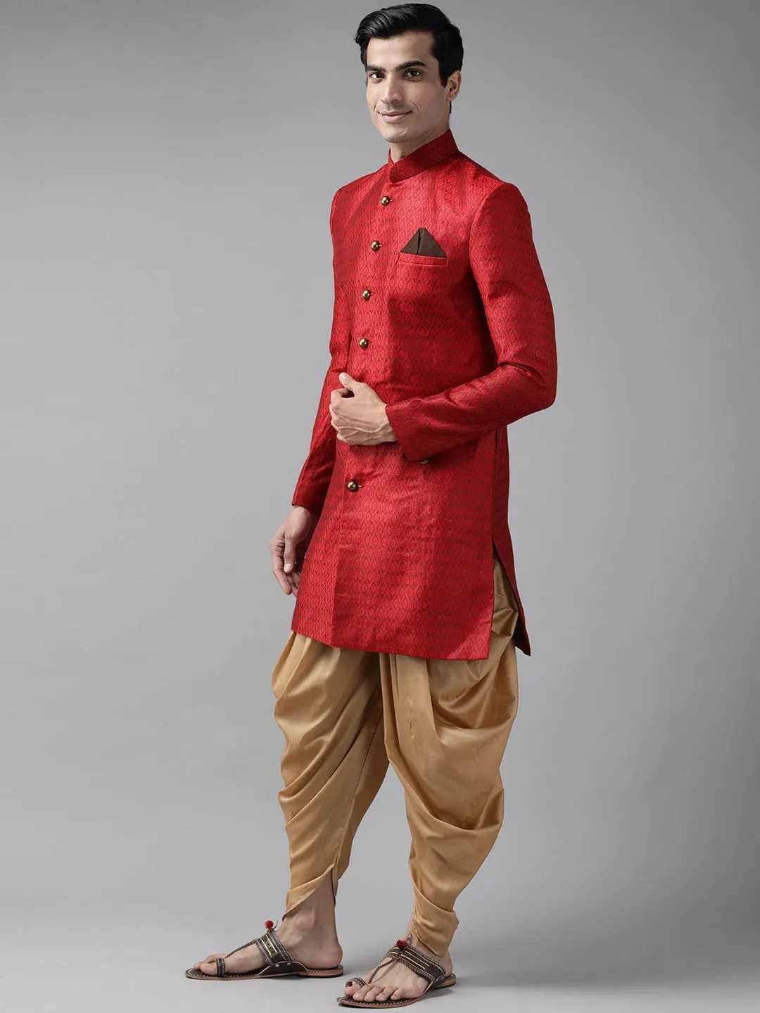 Jashvi Men's Maroon And Rose Gold Silk Blend Sherwani Set