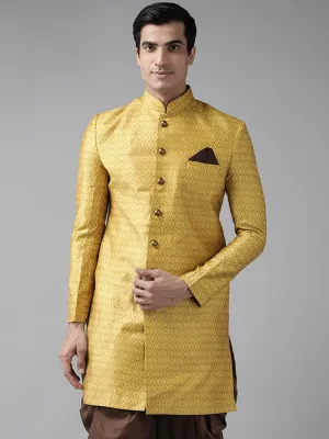 Jashvi Men's Mustard Yellow Sik Blend Sherwani Top