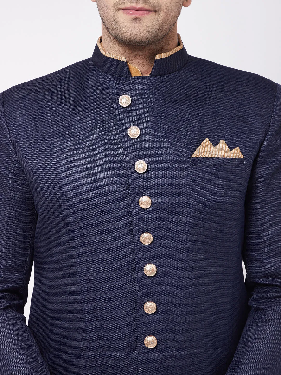 Jashvi Men's Navy Blue Angrakha Style Indo Western Over Rose Gold Kurta Pyjama Set