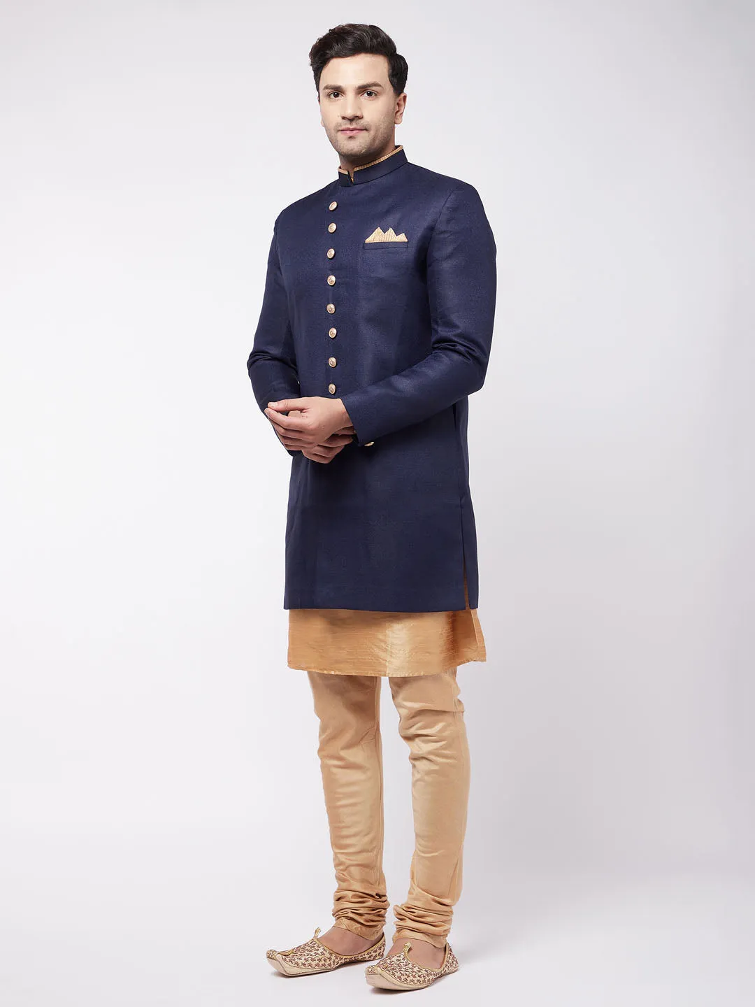 Jashvi Men's Navy Blue Angrakha Style Indo Western Over Rose Gold Kurta Pyjama Set