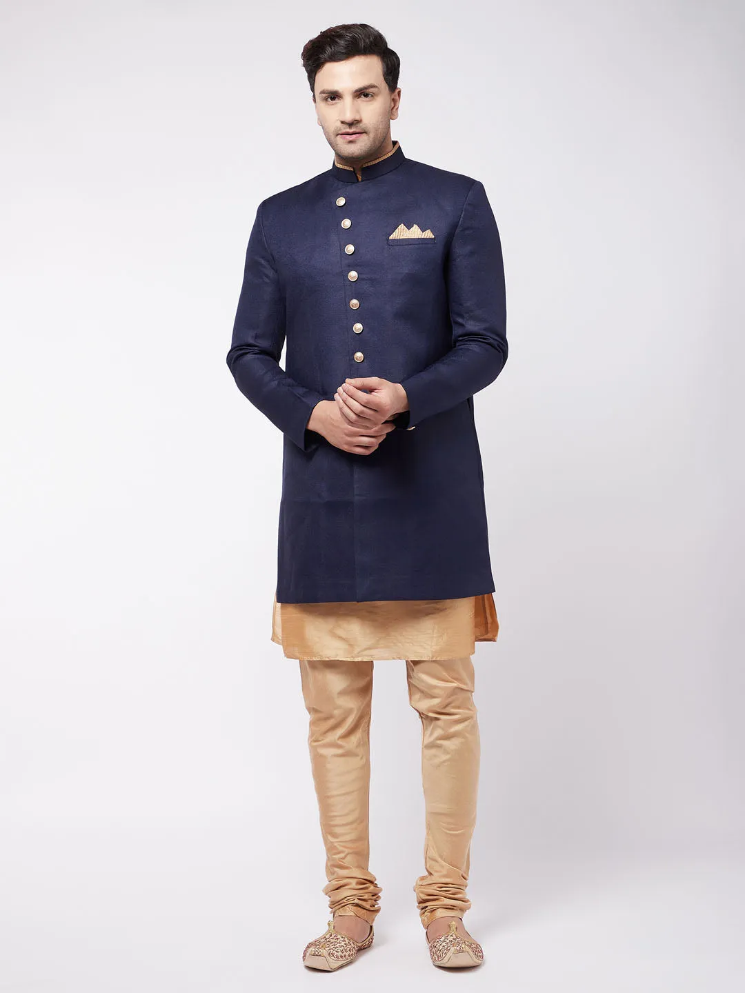 Jashvi Men's Navy Blue Angrakha Style Indo Western Over Rose Gold Kurta Pyjama Set