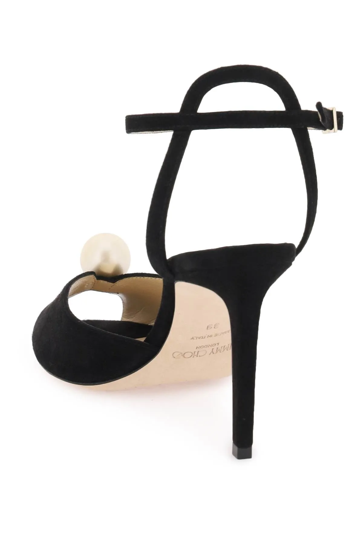 Jimmy choo sacora 85 suede sandals with pearl ball