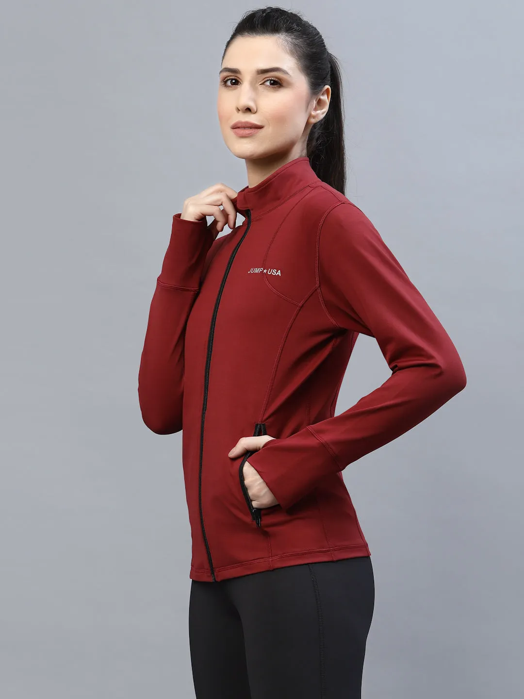 JUMP USA Women Maroon Solid Polyester Hiking Jacket