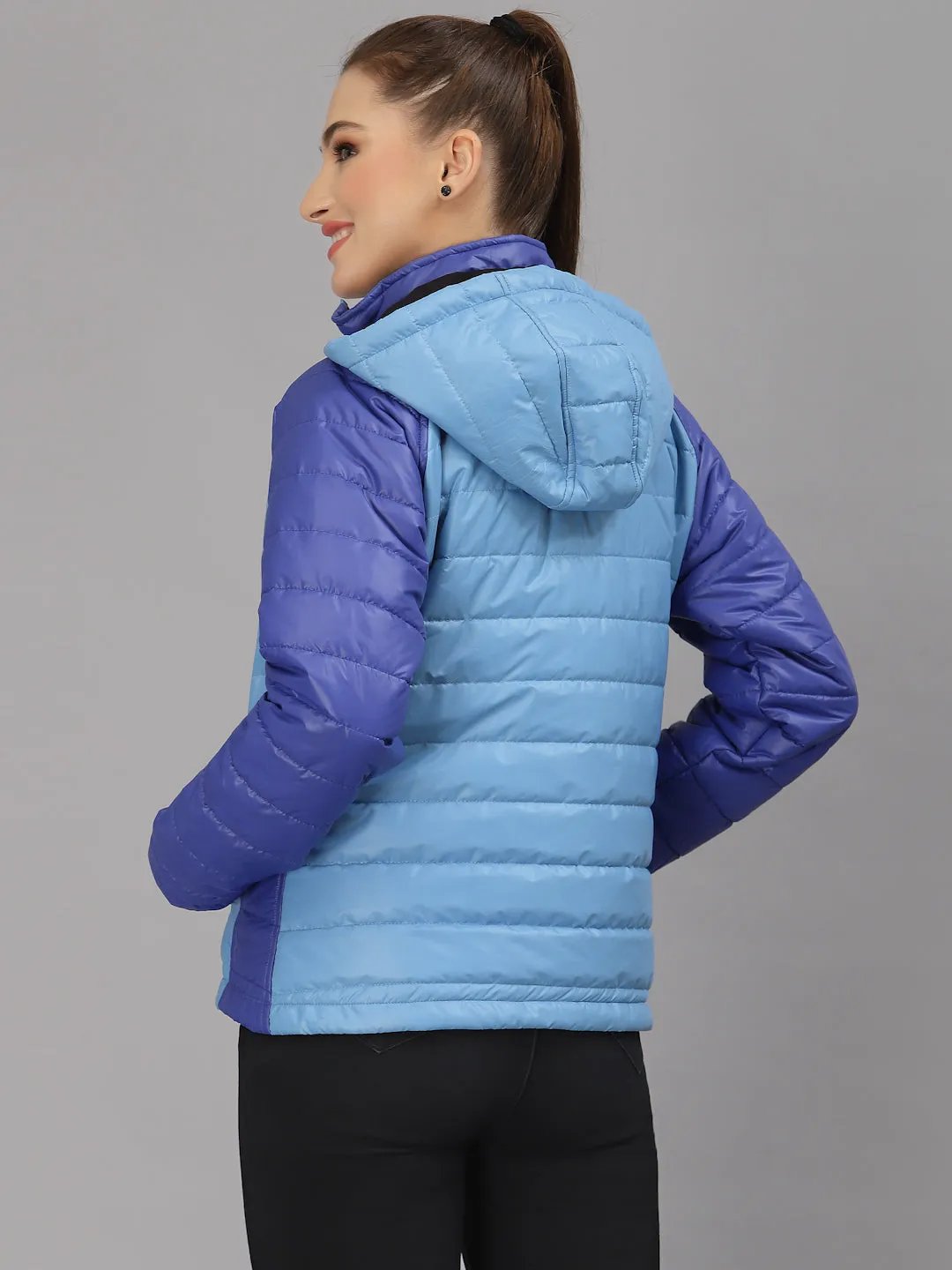 JUMP USA Women Sky Blue & Royal Blue Solid Active Wear Jacket With Hood