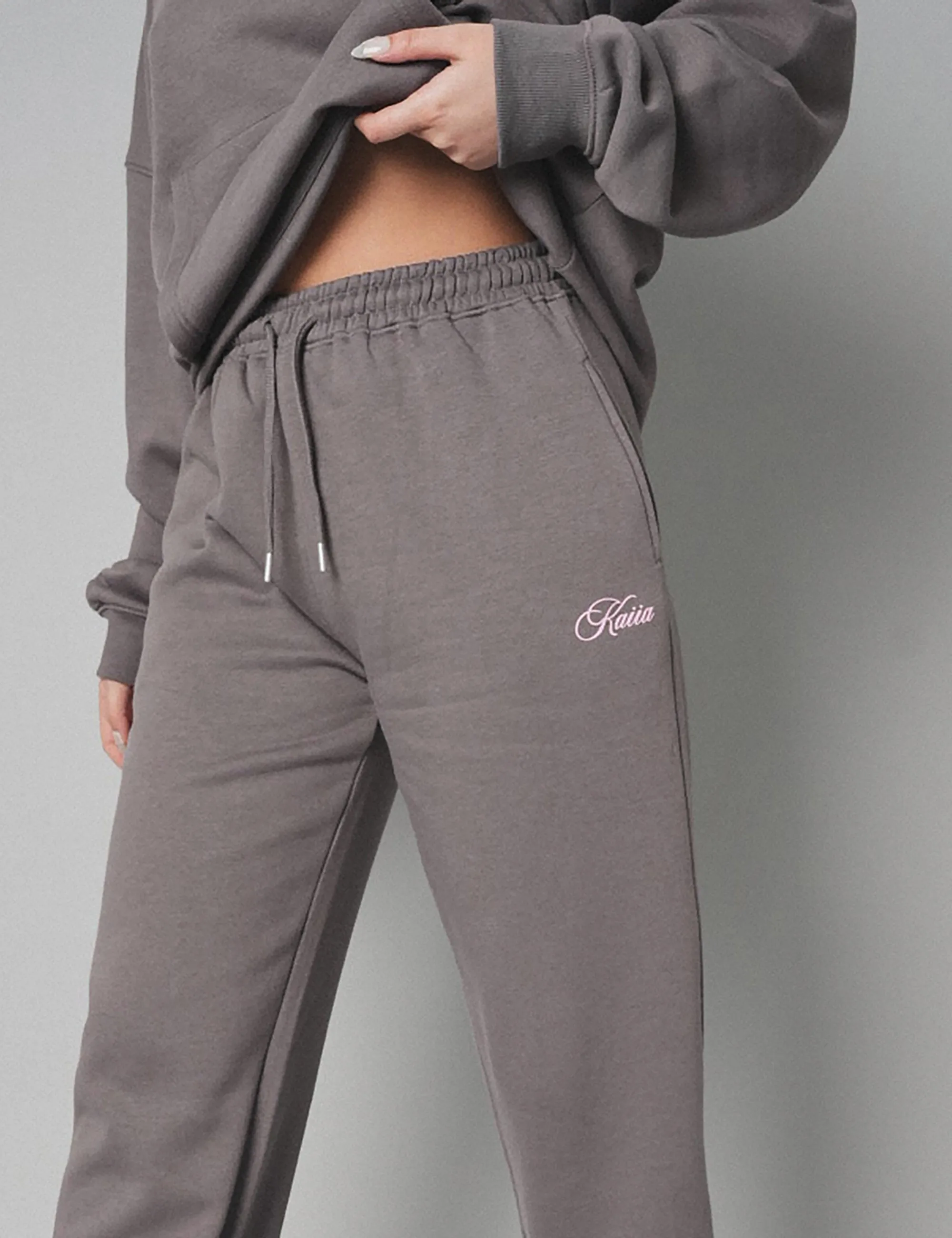 Kaiia The Label Logo Wide Leg Joggers Dark Grey With Pink