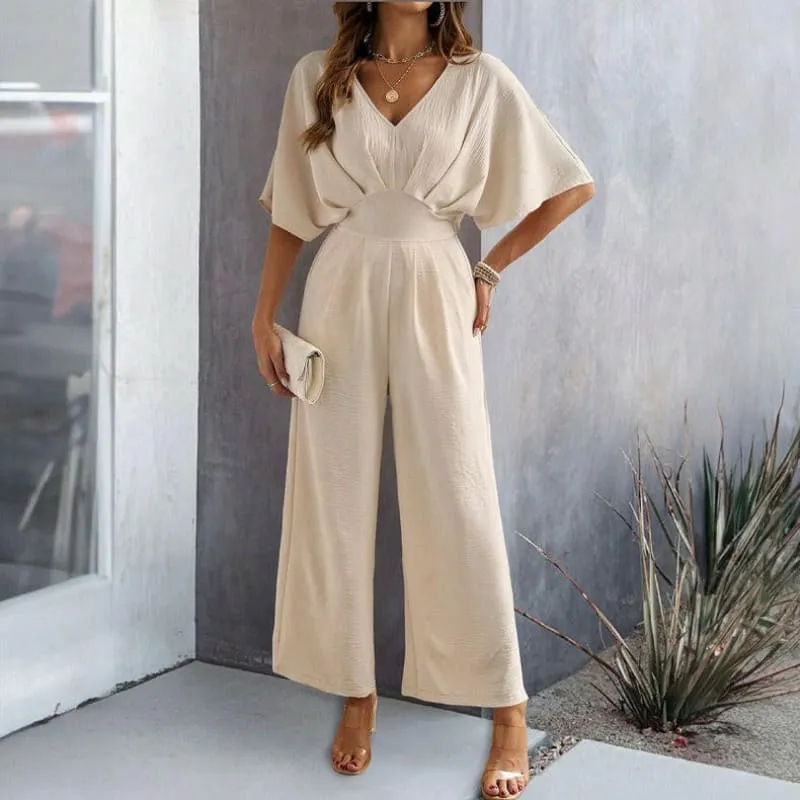 Ladies Casual Wide Leg Jumpsuit with Flutter Sleeves