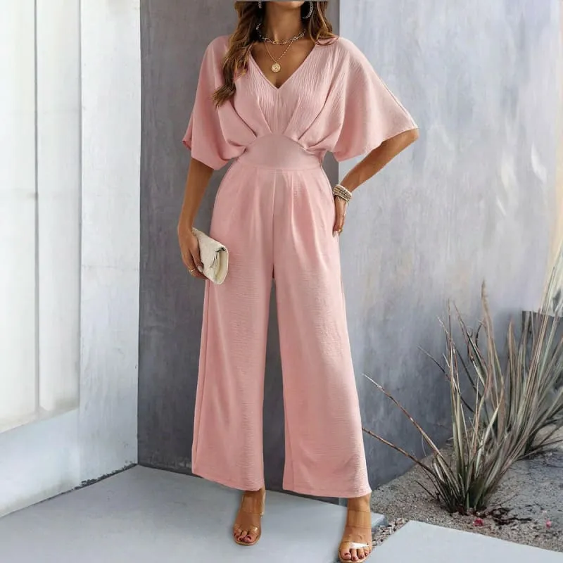 Ladies Casual Wide Leg Jumpsuit with Flutter Sleeves