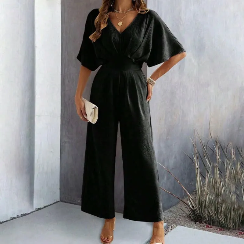 Ladies Casual Wide Leg Jumpsuit with Flutter Sleeves