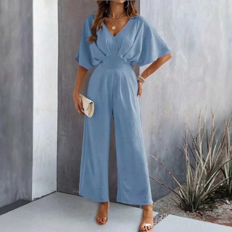 Ladies Casual Wide Leg Jumpsuit with Flutter Sleeves