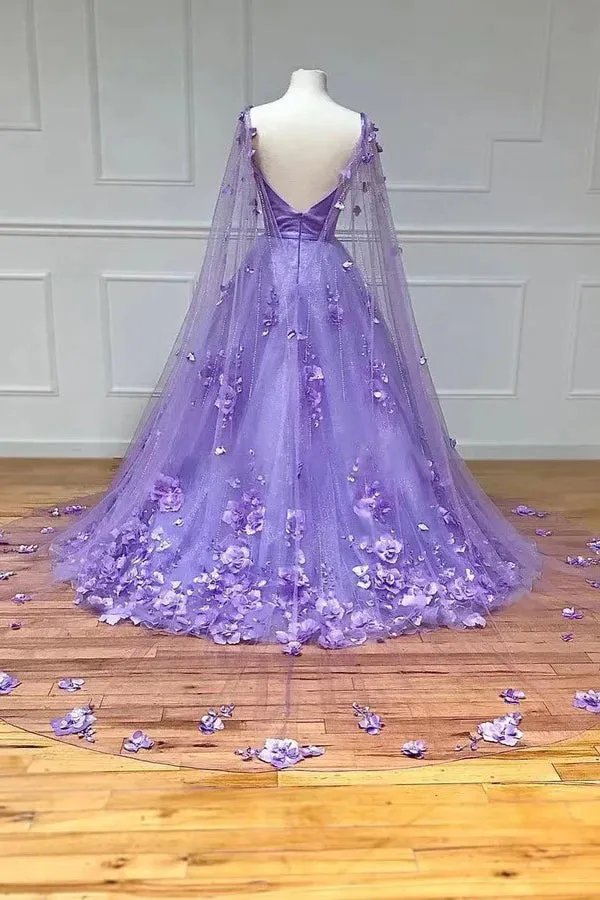 Lavender 3D Floral Lace A Line Sleeves Long Prom Dresses  PSK446