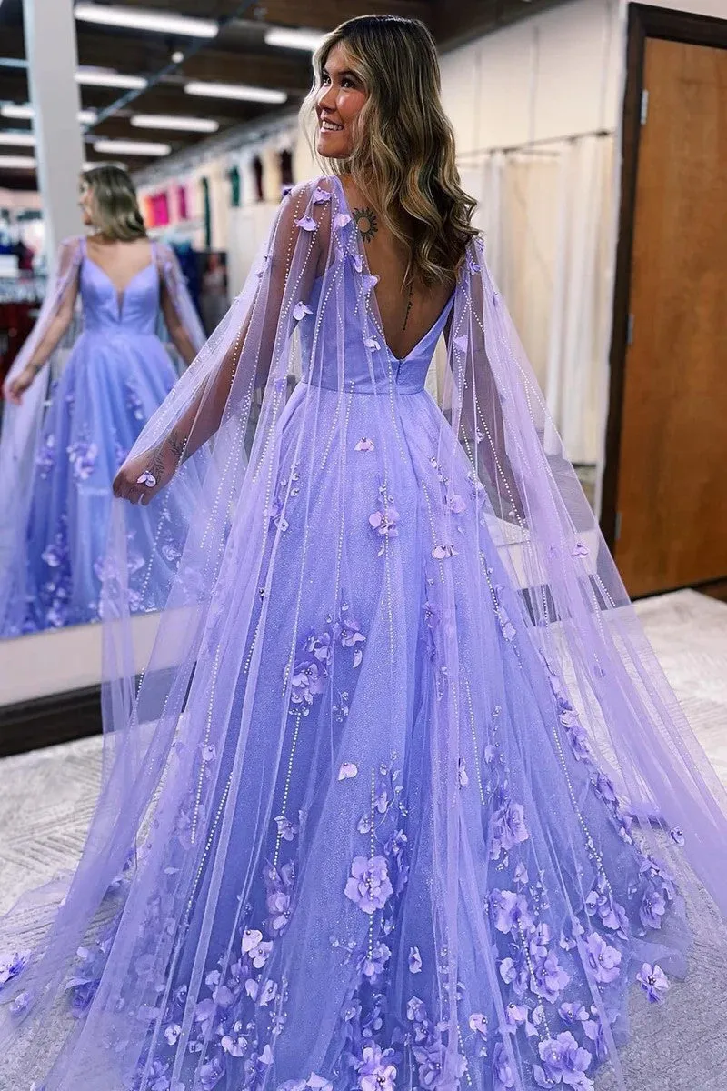 Lavender 3D Floral Lace A Line Sleeves Long Prom Dresses  PSK446