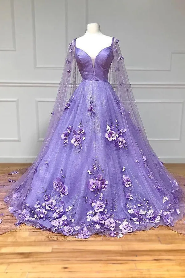 Lavender 3D Floral Lace A Line Sleeves Long Prom Dresses  PSK446