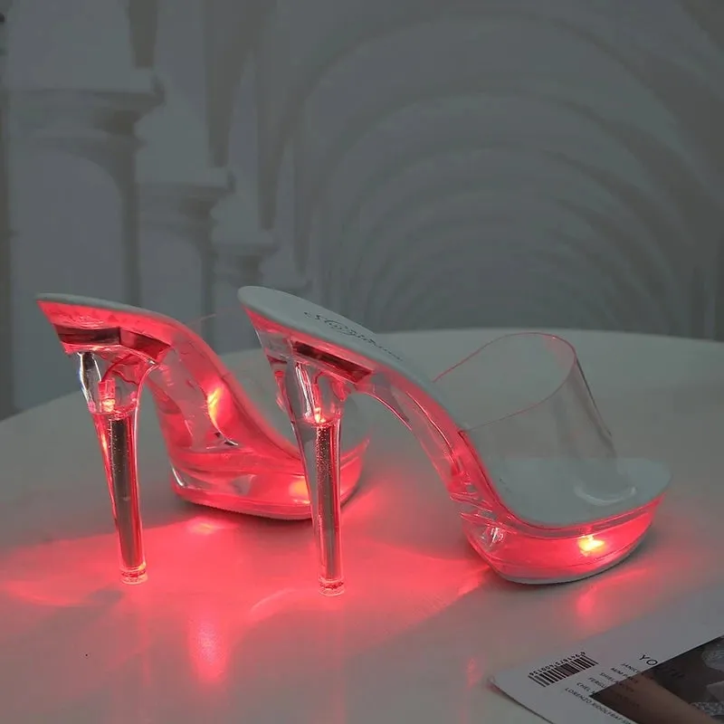 Light Up Glowing Shoes Woman Luminous Clear Sandals Women Platform Shoes LED 13cm High Heel Transparent Stripper Heels Shoes