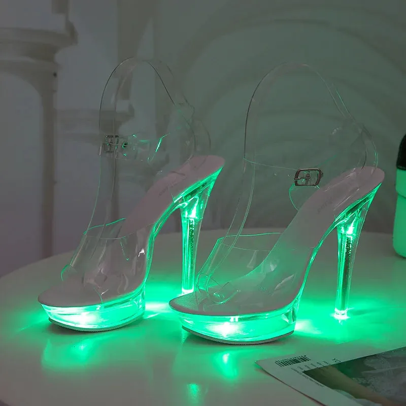 Light Up Glowing Shoes Woman Luminous Clear Sandals Women Platform Shoes LED 13cm High Heel Transparent Stripper Heels Shoes