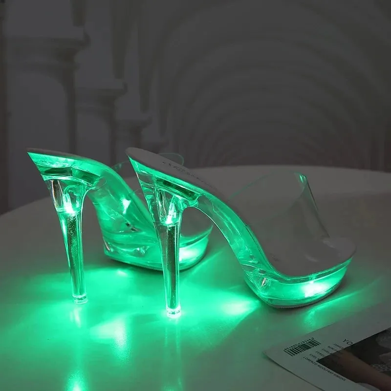 Light Up Glowing Shoes Woman Luminous Clear Sandals Women Platform Shoes LED 13cm High Heel Transparent Stripper Heels Shoes