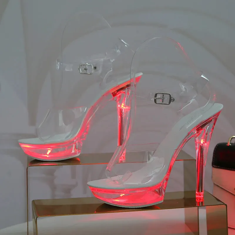 Light Up Glowing Shoes Woman Luminous Clear Sandals Women Platform Shoes LED 13cm High Heel Transparent Stripper Heels Shoes