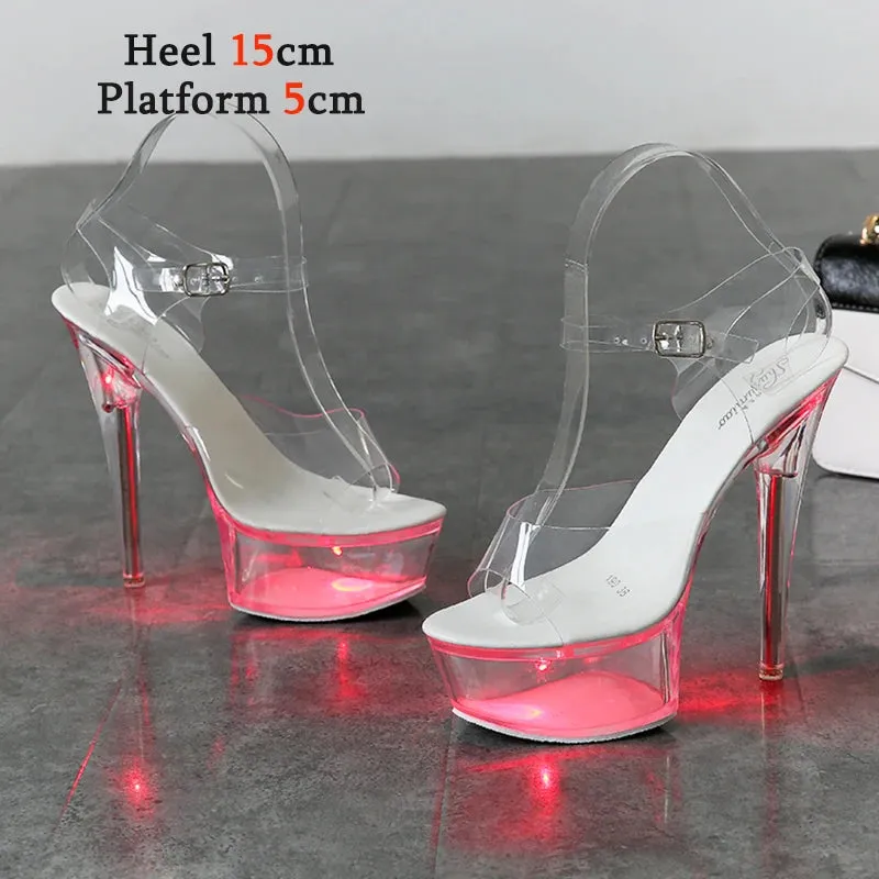 Light Up Glowing Shoes Woman Luminous Clear Sandals Women Platform Shoes LED 13cm High Heel Transparent Stripper Heels Shoes