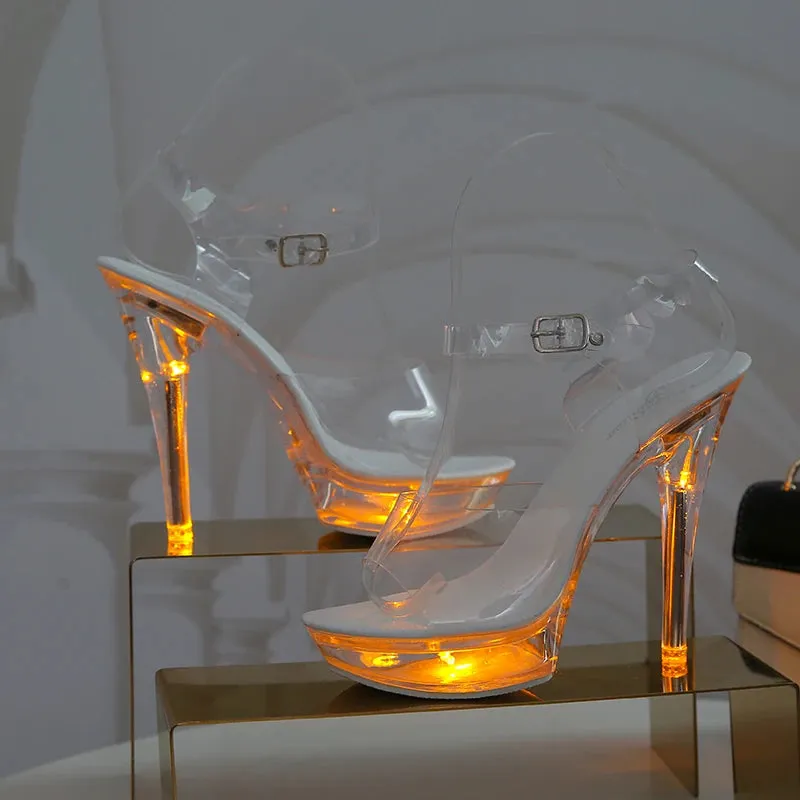 Light Up Glowing Shoes Woman Luminous Clear Sandals Women Platform Shoes LED 13cm High Heel Transparent Stripper Heels Shoes