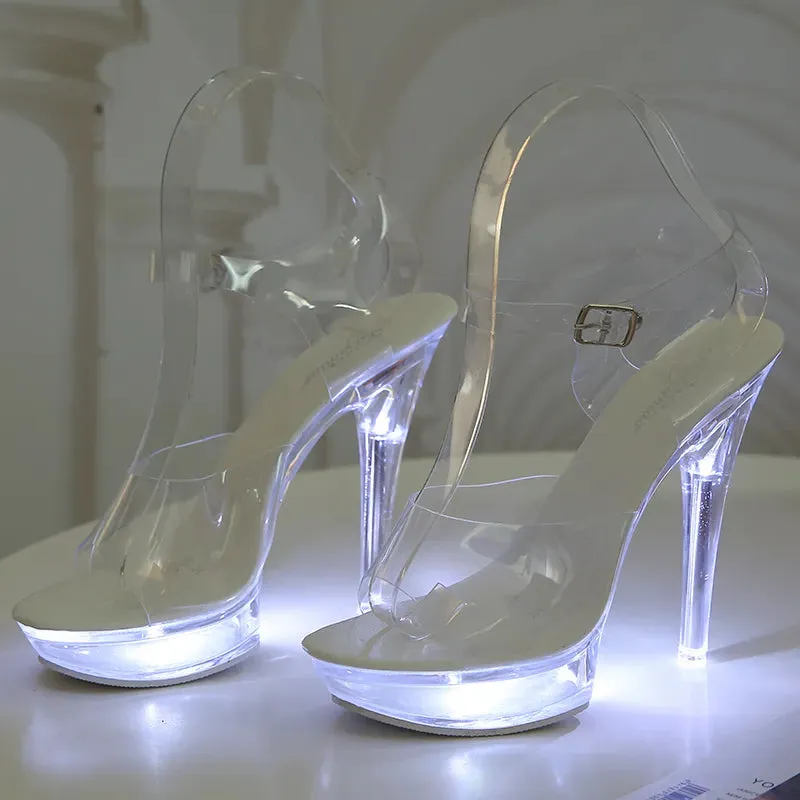 Light Up Glowing Shoes Woman Luminous Clear Sandals Women Platform Shoes LED 13cm High Heel Transparent Stripper Heels Shoes