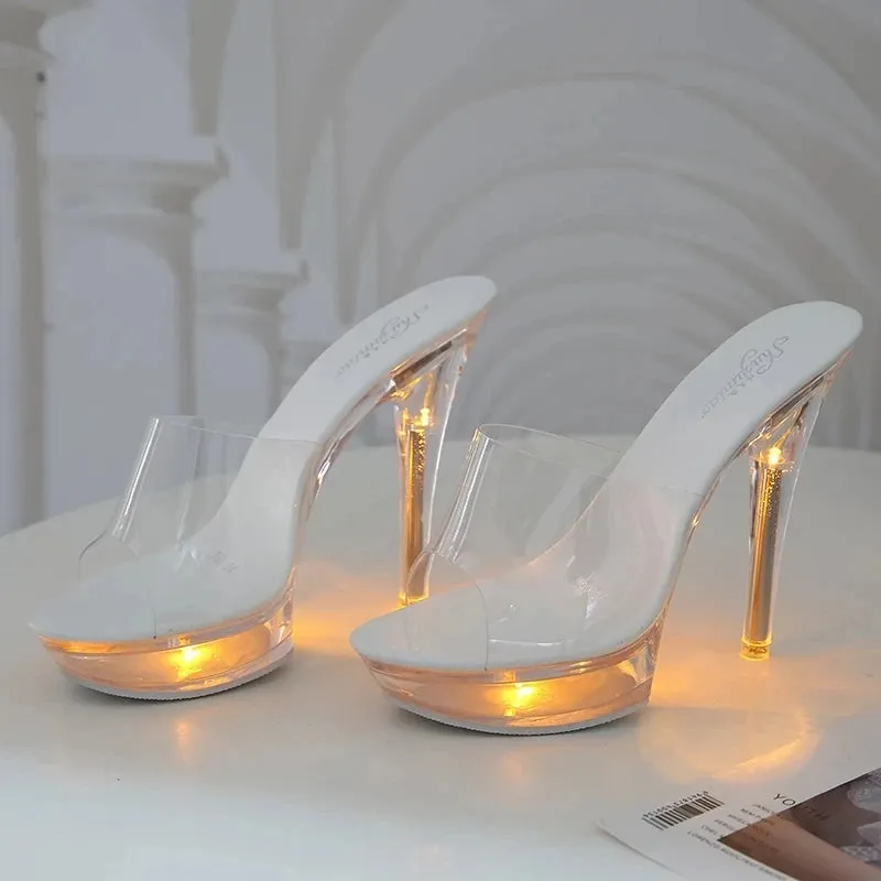 Light Up Glowing Shoes Woman Luminous Clear Sandals Women Platform Shoes LED 13cm High Heel Transparent Stripper Heels Shoes