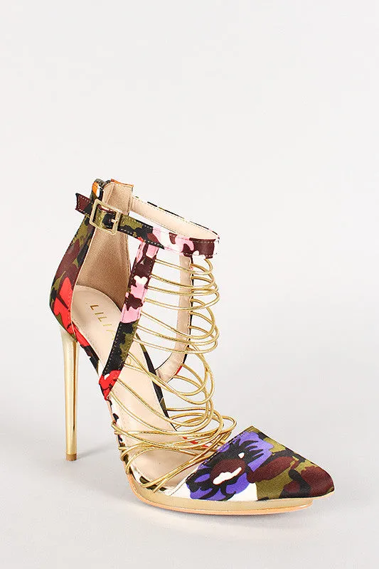 Liliana Camouflage Elastic Strappy Pointy Toe Heel