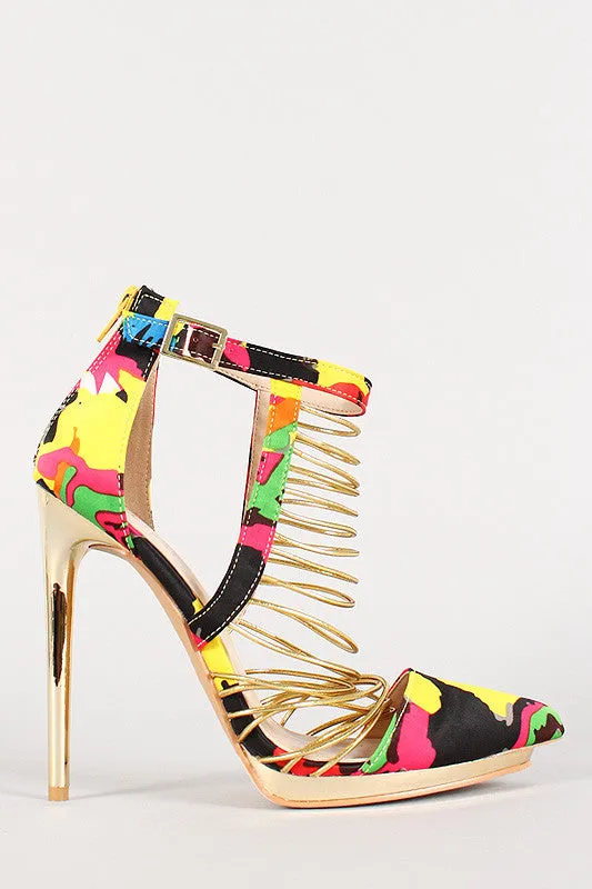 Liliana Camouflage Elastic Strappy Pointy Toe Heel