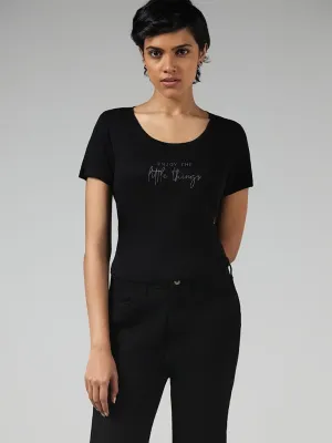 LOV Black Typographic Printed T-Shirt