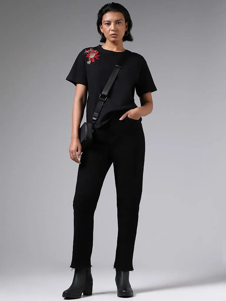 LOV Floral Embroidered Black Cotton T-Shirt