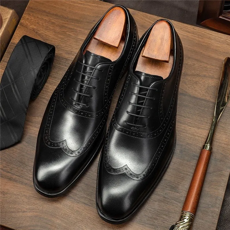 LuxeExo Cow Leather Brogue Lace-Up Dress Shoes