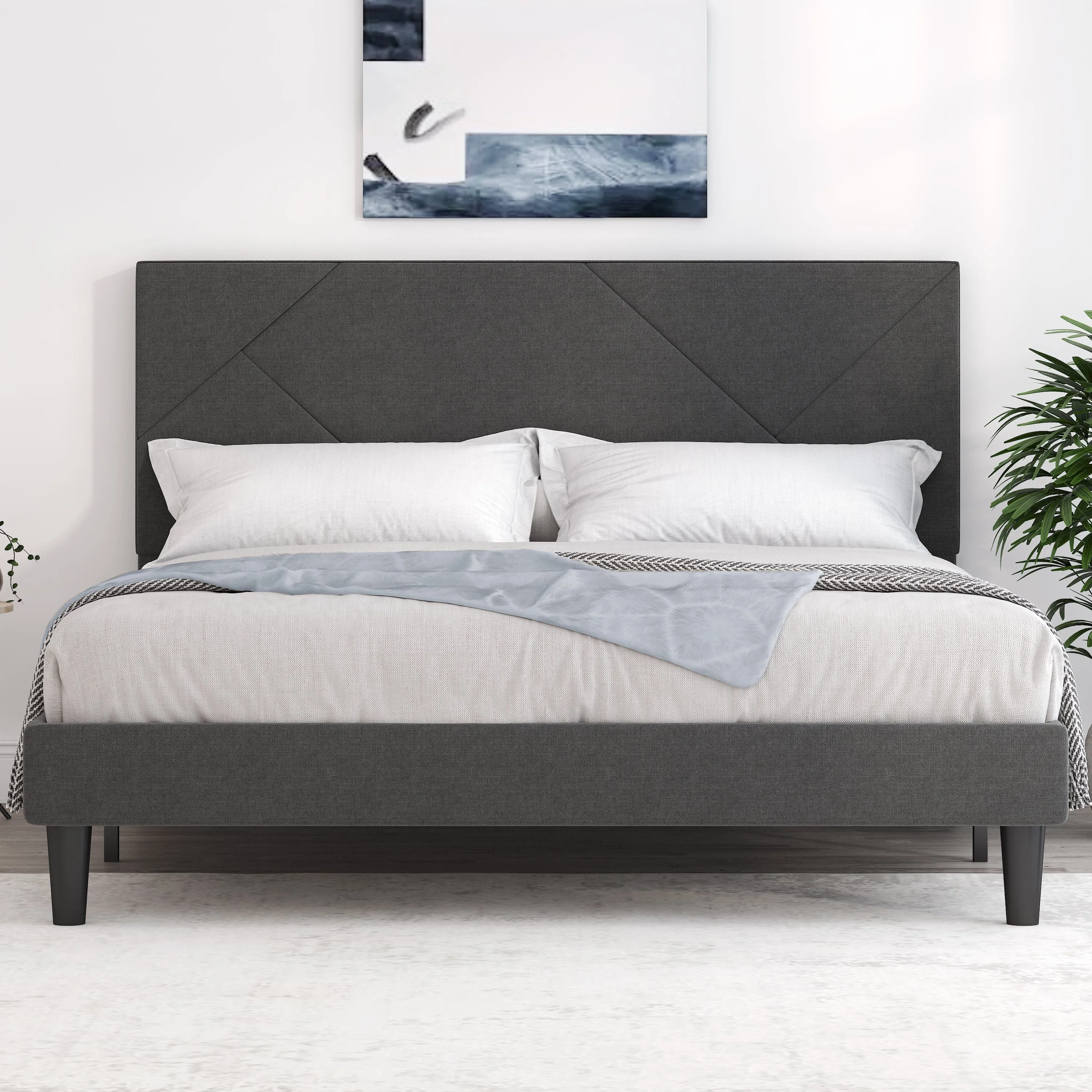 Metal Bed Frame with Geometric Litchi Grain Leather Headboard