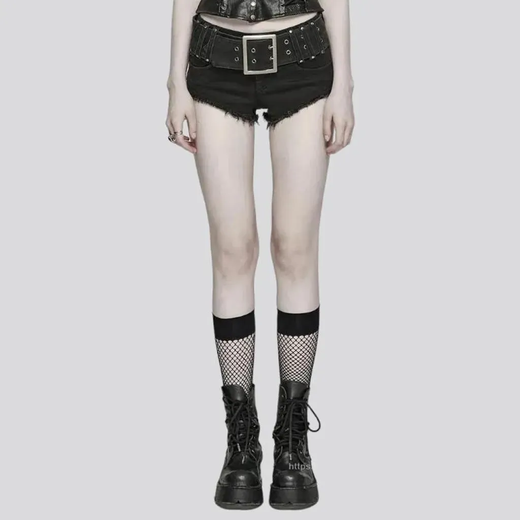 Mid-waist black jeans shorts for ladies