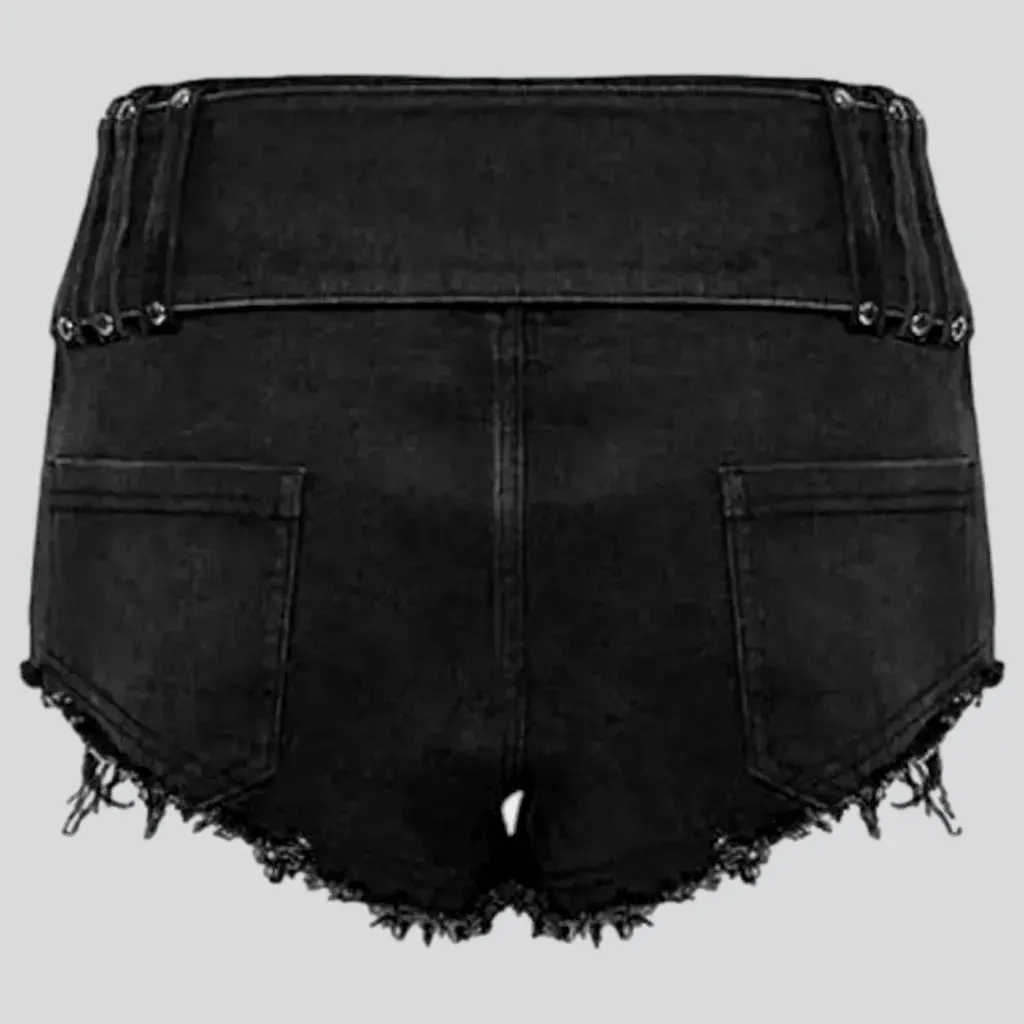 Mid-waist black jeans shorts for ladies