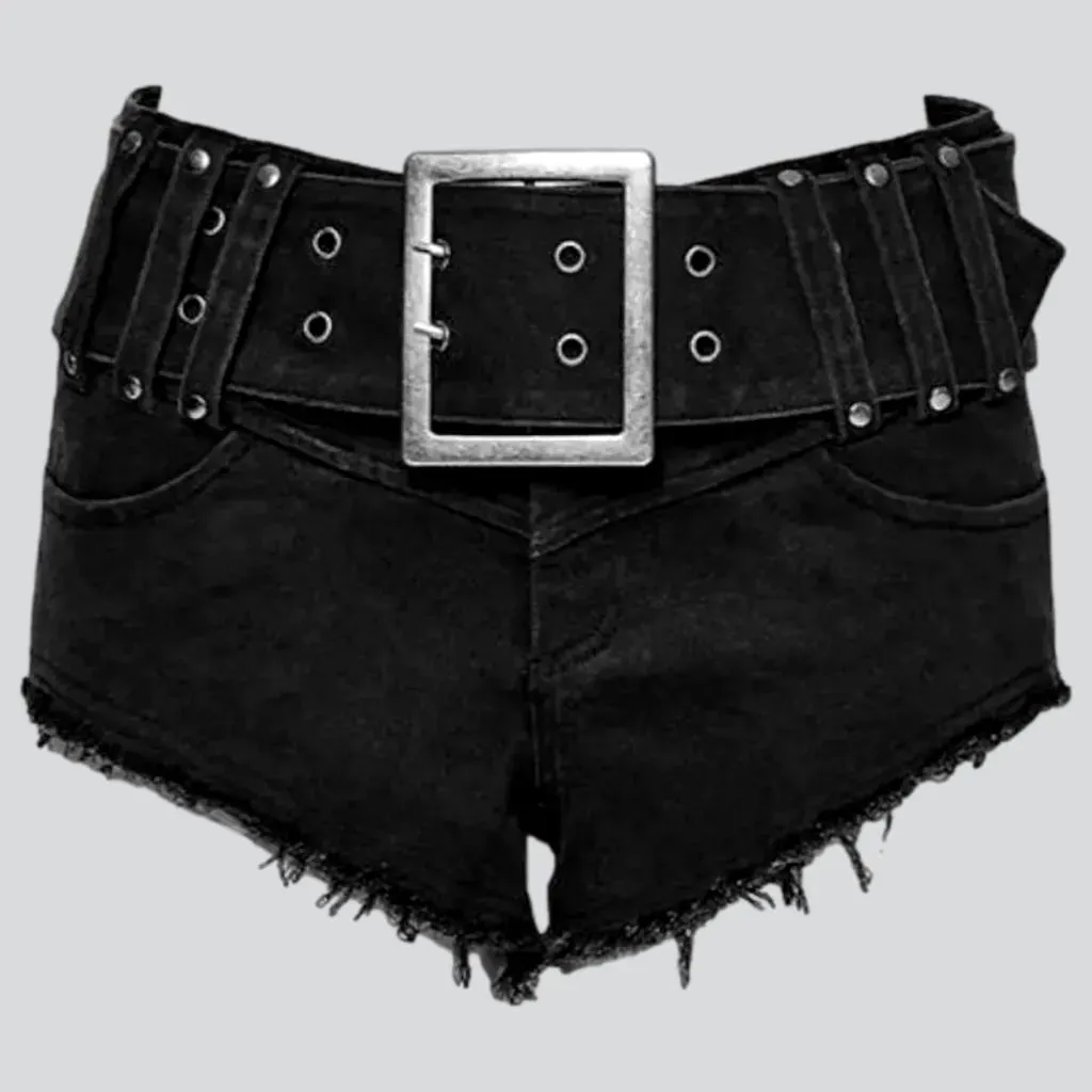 Mid-waist black jeans shorts for ladies